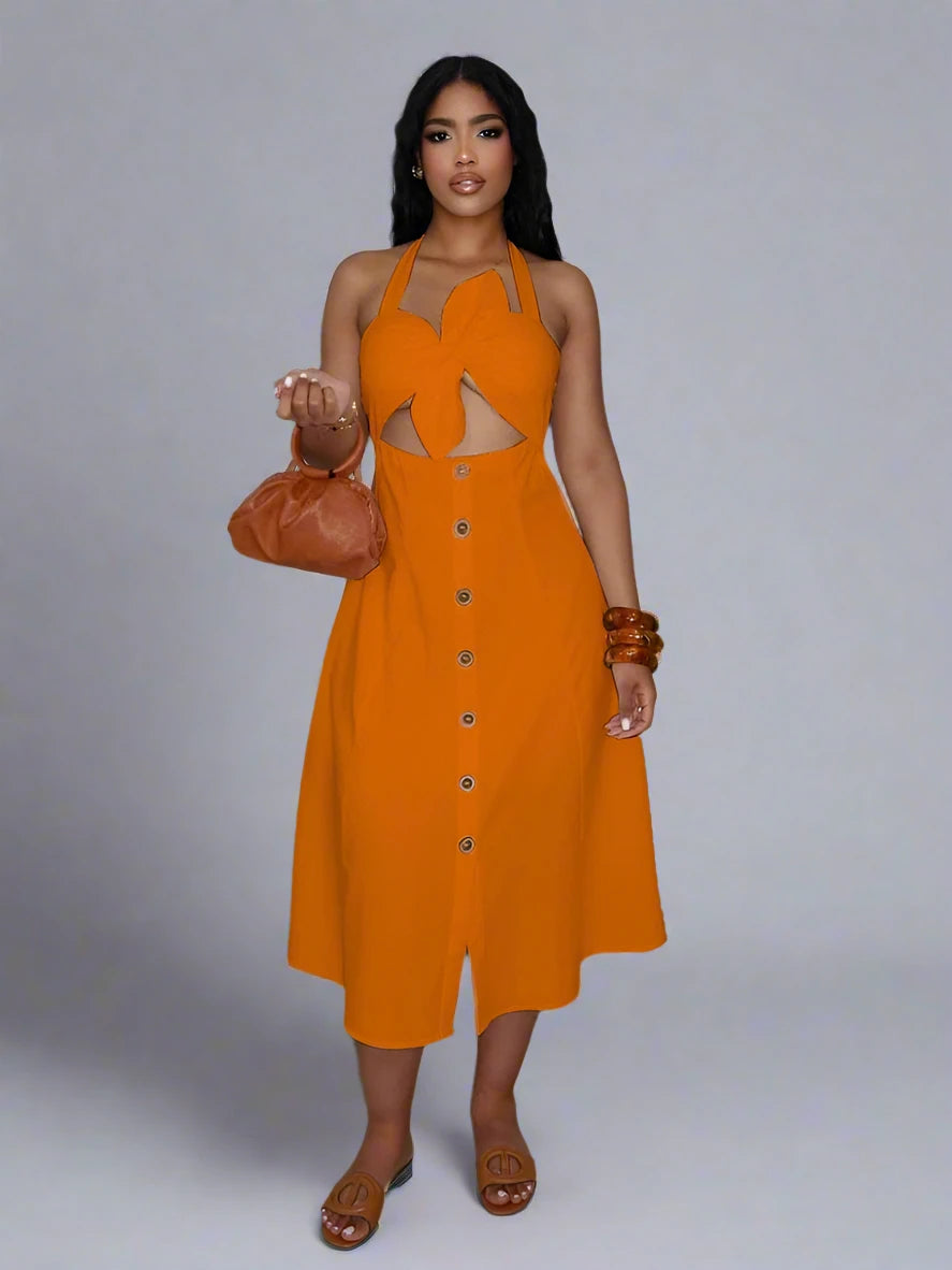 Women’s Cutout Backless Bow Hollow Out Midi Dress