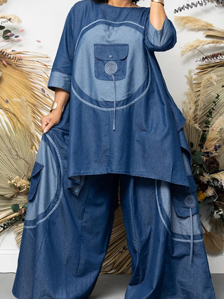 Denim-Style Women's Three-Quarter Sleeve Blouse and Wide Leg Pants Set