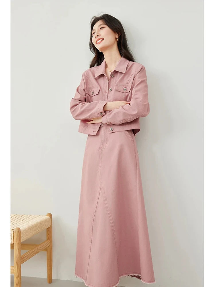Pink Denim Maxi Jacket Skirt Set
