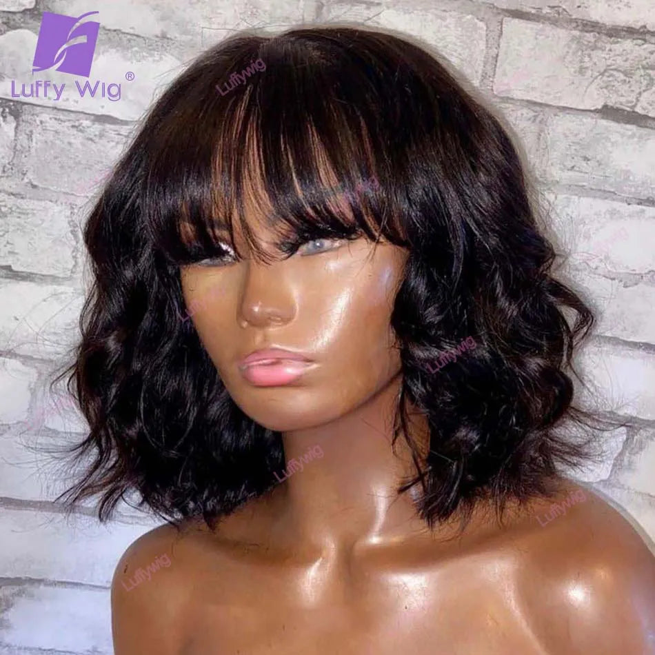 Short Human Hair Bob Wig With Bangs Brazilian Remy O Scalp Top Bang Wig Natural Wave