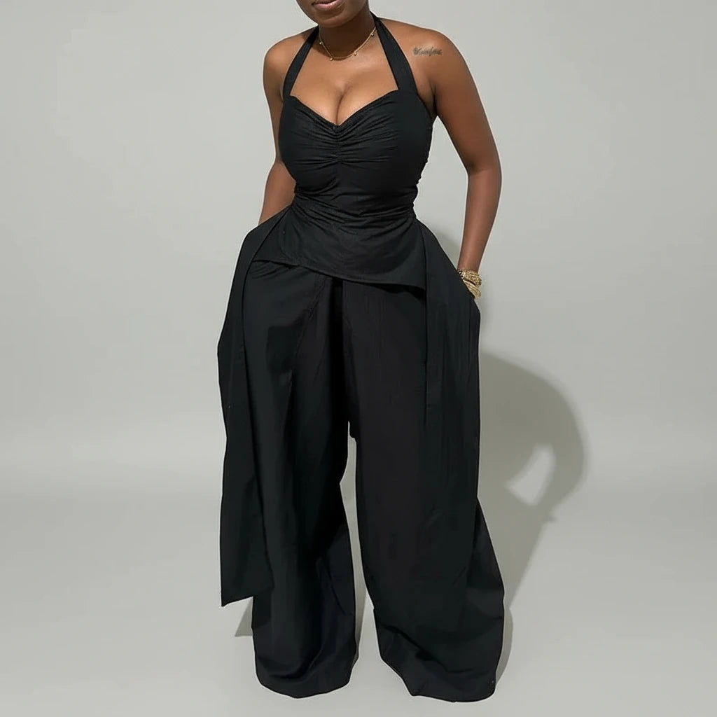 Women's Set Halter V-neck Ruched Front Streamer Side Crop Top & Wide Leg Pants Set