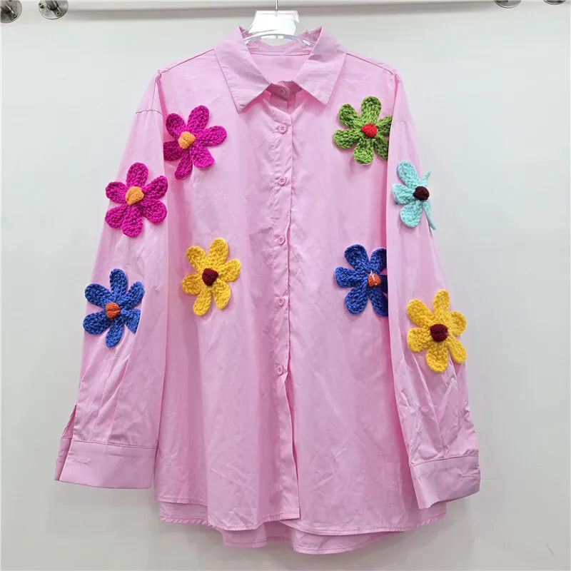 Women's Shirt Loose Colorful 3d Knitted Flower Long Sleeve