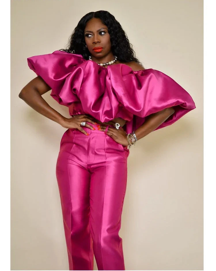Women's Butterfly Sleeve Blouse and Wide Leg Pants Outfit