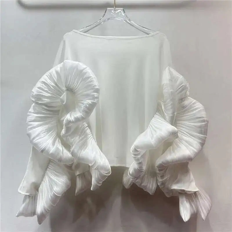Women's O-neck Loose Stretch Irregular Patchwork Ruffles Edge