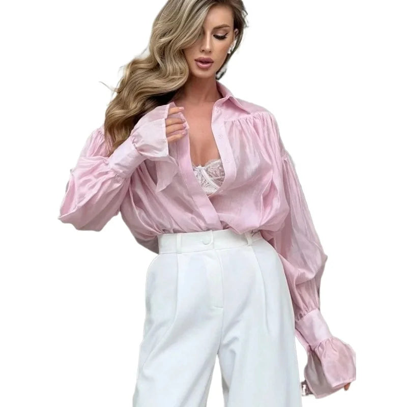 Loose Collared Solid Color Versatile Flare Sleeve Top Long Sleeved Blouse