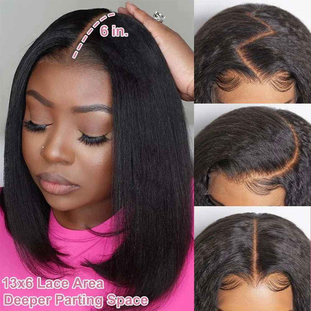 Kinky Straight Bob Lace Frontal Edges Curly Afro Yaki Wig