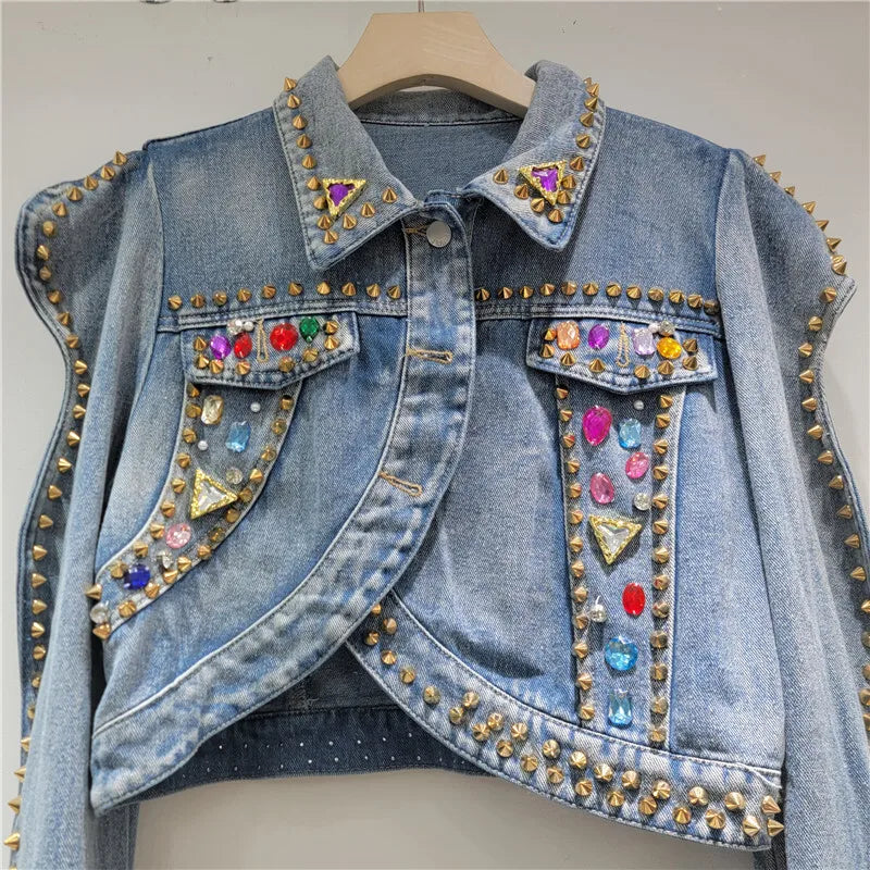 Women's Denim Coat Puff Sleeve Rivets Colorful Crystal Single Breasted Irregular Jacket