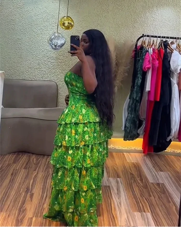 Women’s Strapless Floral Printed Tiered Ruffles Maxi Dress