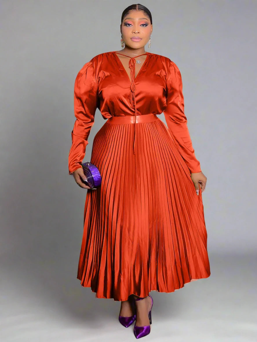 Women's Long Sleeve V-neck Blouse and Pleated Maxi Skirt