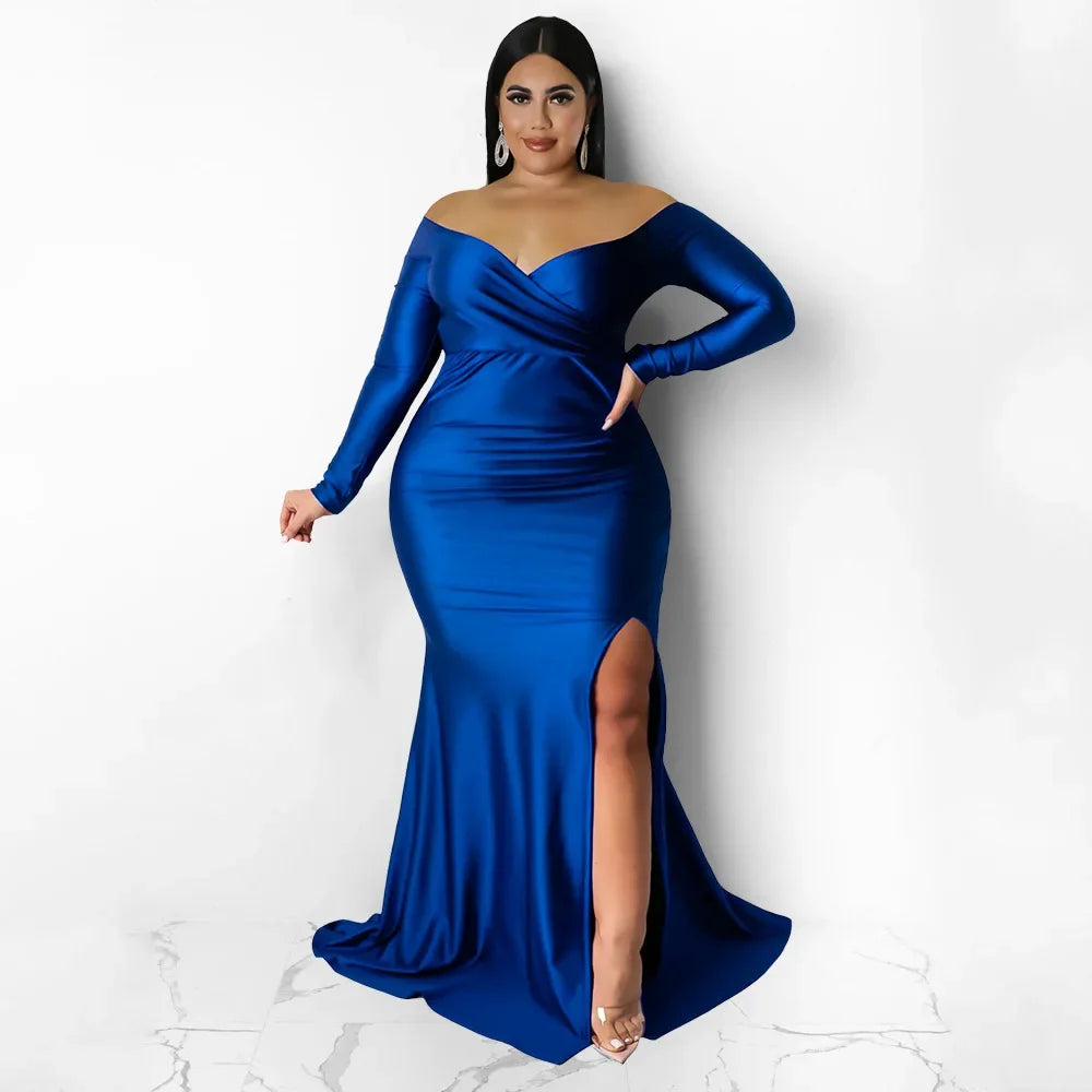 Women’s Off Shoulder V-neck High Side Slit Mermaid Long Sleeve Maxi Dress