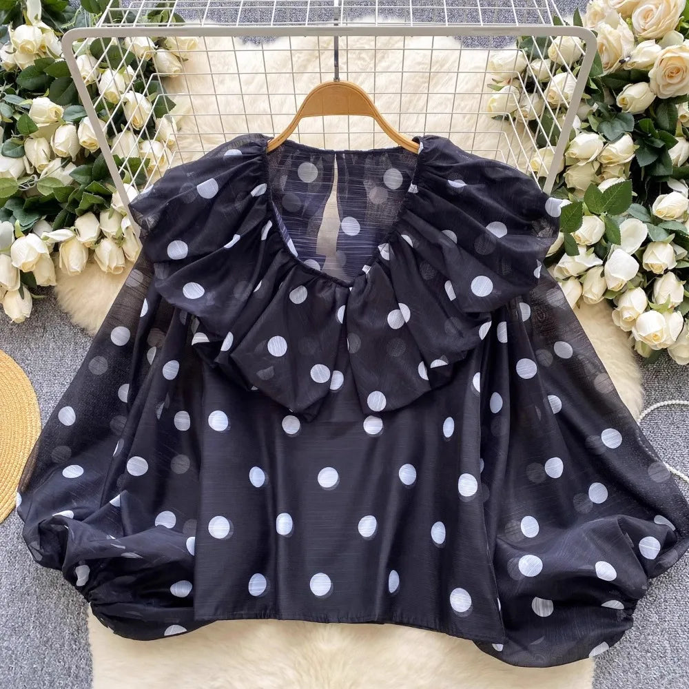 Polka Dot Puff Sleeve Simple Loose Ruffles Blouse
