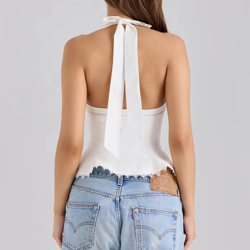Women’s V Neck Sleeveless Tunic Temperament Spliced Lace Up Crop Top