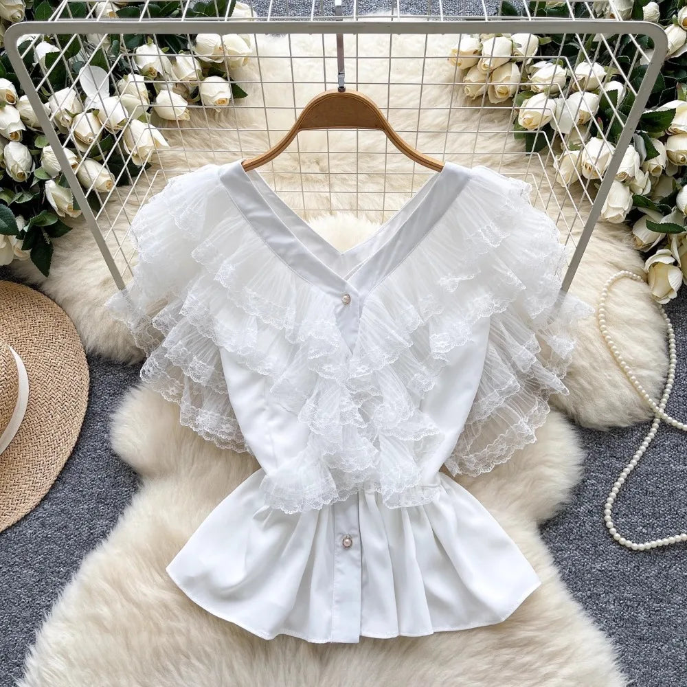 V Neck All-match Ruffles Mesh Blouse