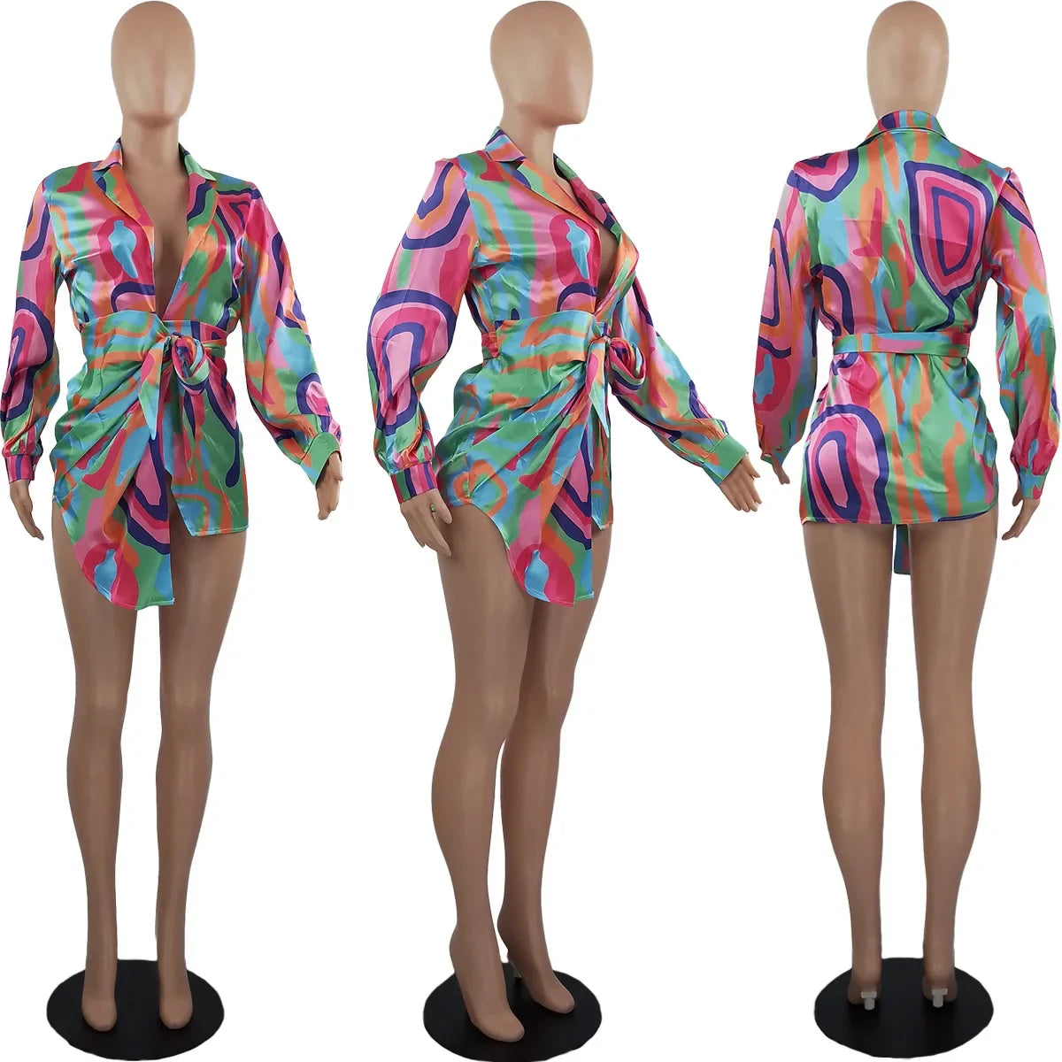 Satin Tie Dye Wrapped Turn-down Neck Lapel Long Sleeve Asymmetrical Shirt