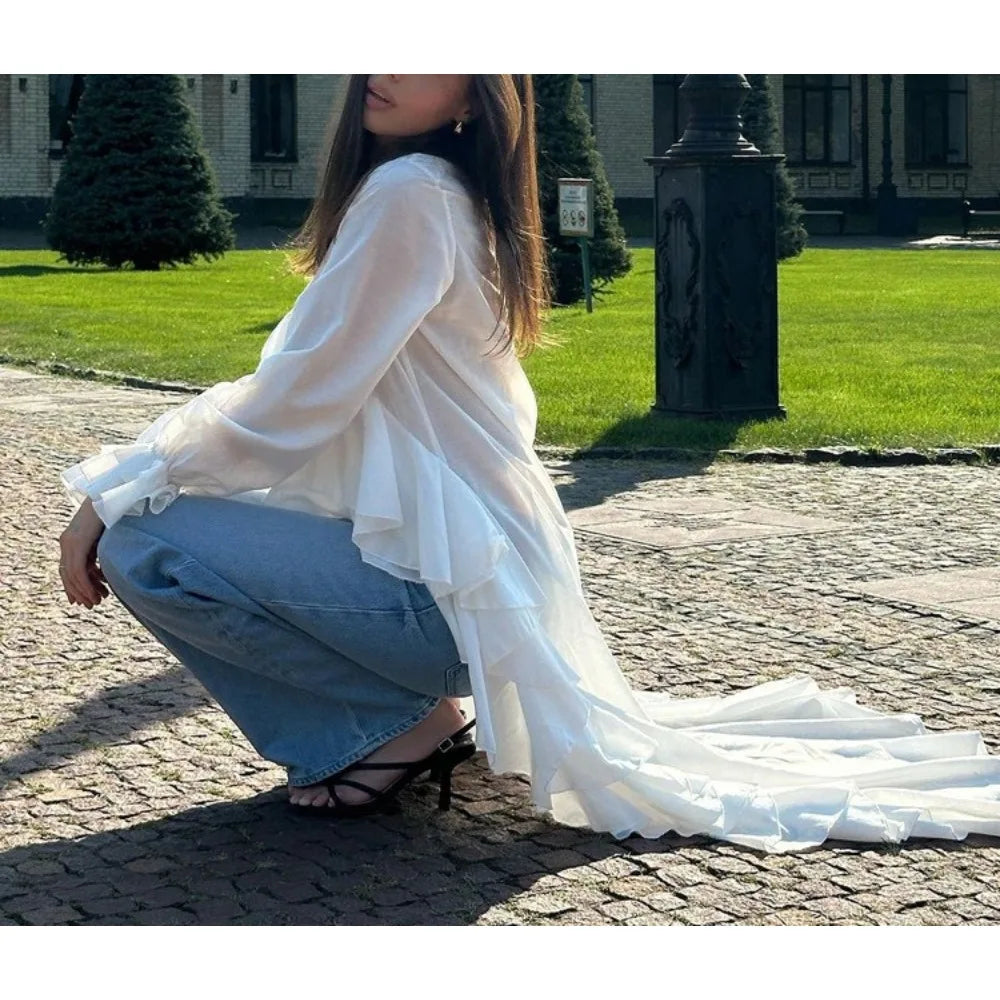 Women’s Solid Spliced Ruffles V Neck Long Sleeve Blouse