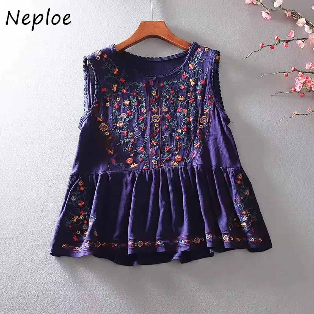 Loose Casual Ruffles Vintage Embroidery Blouse