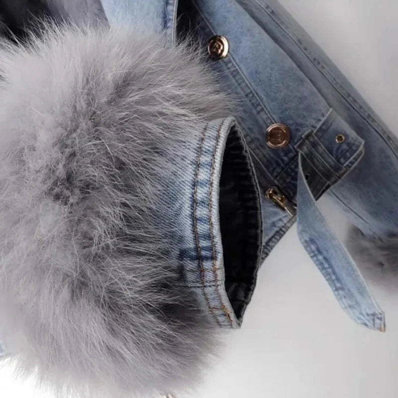 Winter Denim Overcoat Faux Fox Fur Collar