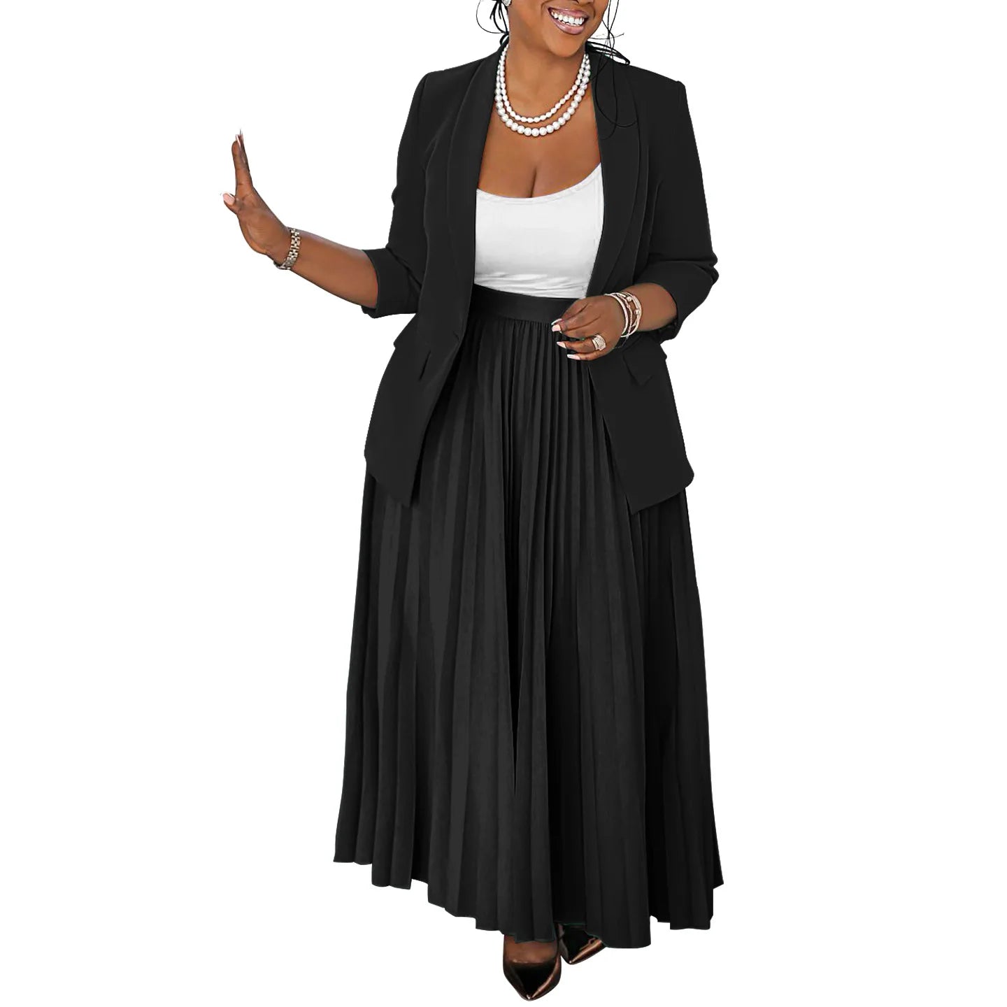 Plus Size Women's Full Sleeve Blazer and Pleated Maxi Skirt