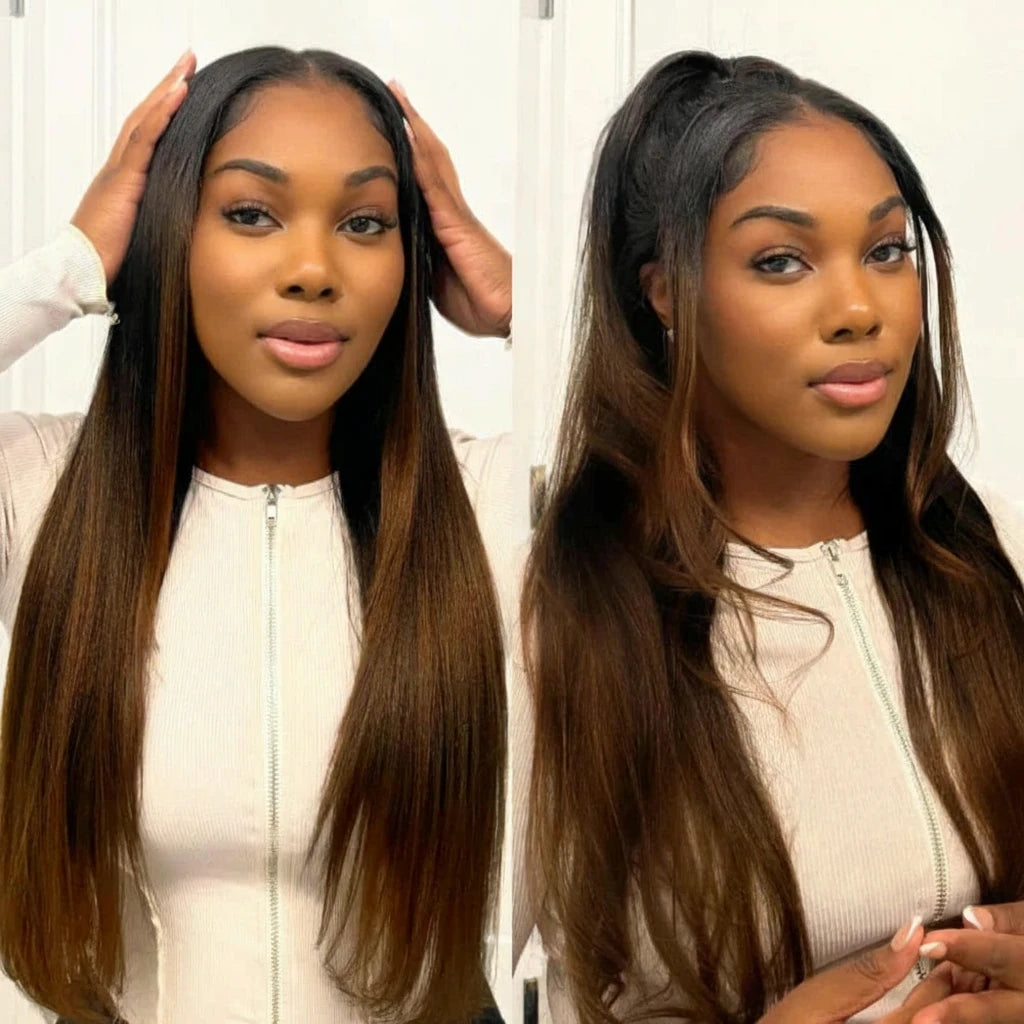 7x5 Lace Chestnut Brown Ombre Yaki Straight Wig