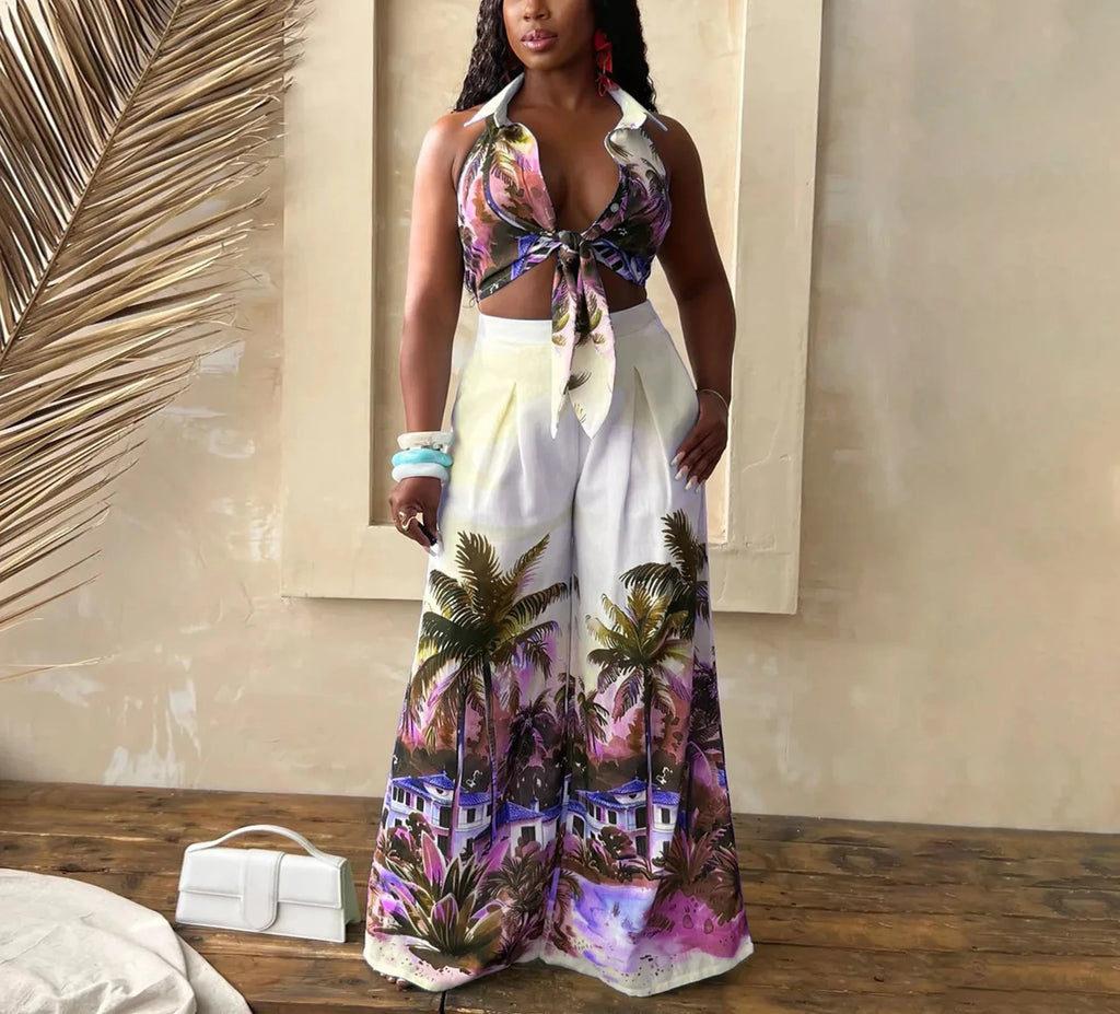 Printed Women's Sleeveless Tie Up Blouse with Turn Down Collar and Wide Leg Pant Set