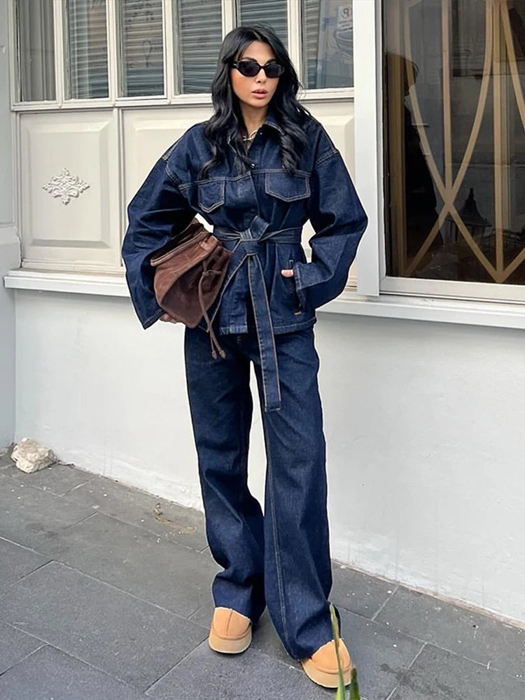Women’s Denim Jacket With Lapel Belt and Wide Leg Jeans