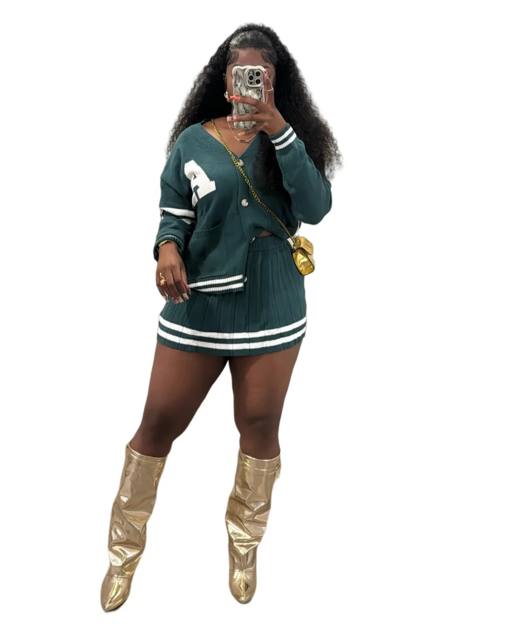 Women's Long Sleeve Knitted Letter Sweater and Pleated Skirt Set