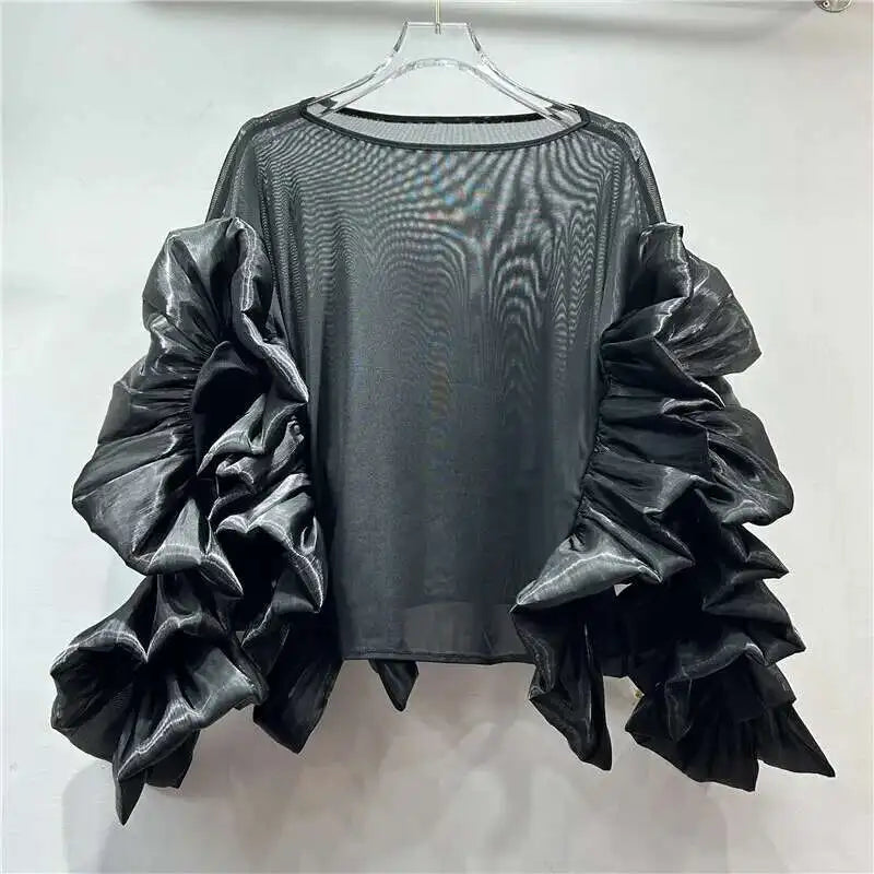 Women's O-neck Loose Stretch Irregular Patchwork Ruffles Edge
