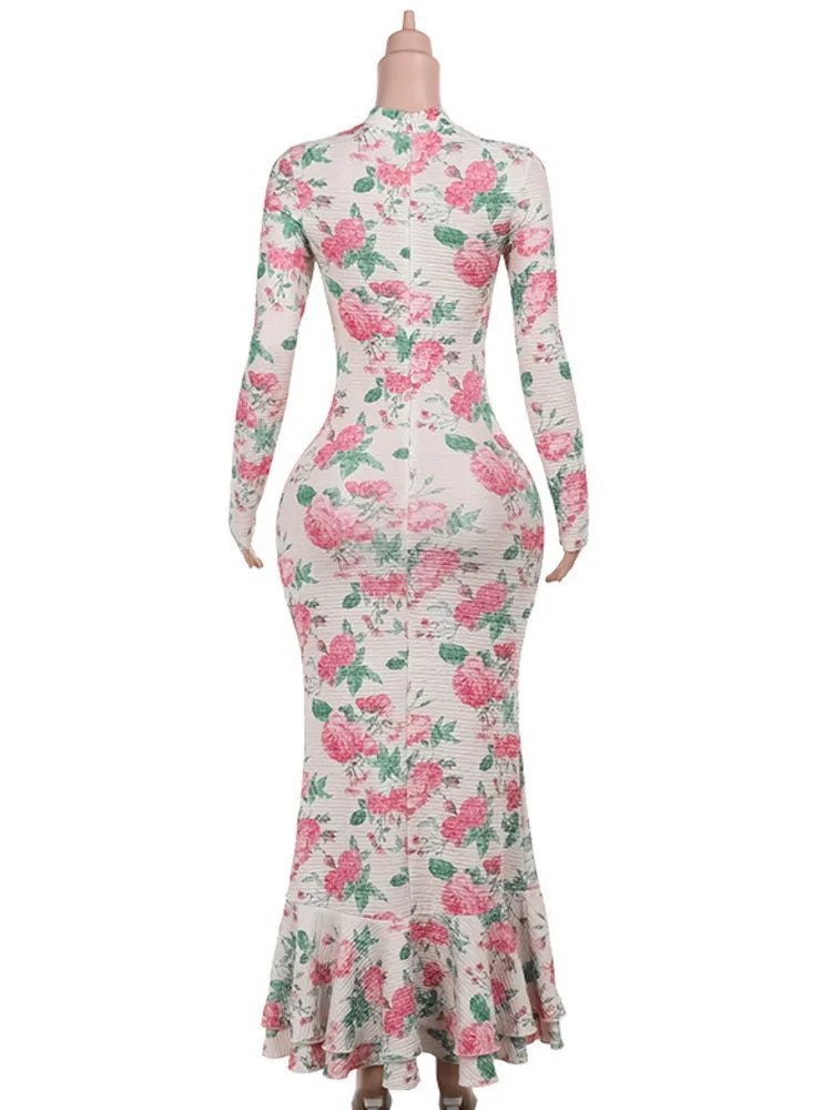 Bodycon Long Sleeve Half High Collar Print Zipper High Waist Maxi Dress