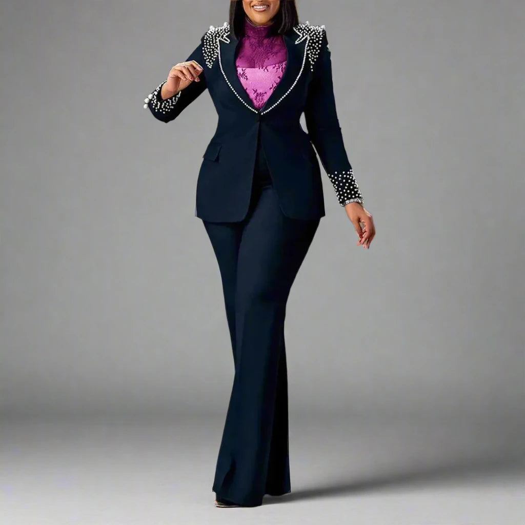 Women's Pearl Splicing Long Sleeve Blazer and Wide Leg Pants Suit