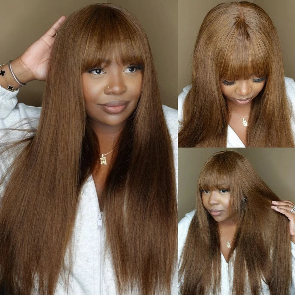 Yaki Straight Human Hair Wig With Bangs Layered Cut 4x2 Lace Glueless Wigs Human