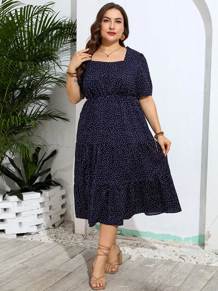 Plus Size Polka Dot Puff Sleeve Square Neck Dress
