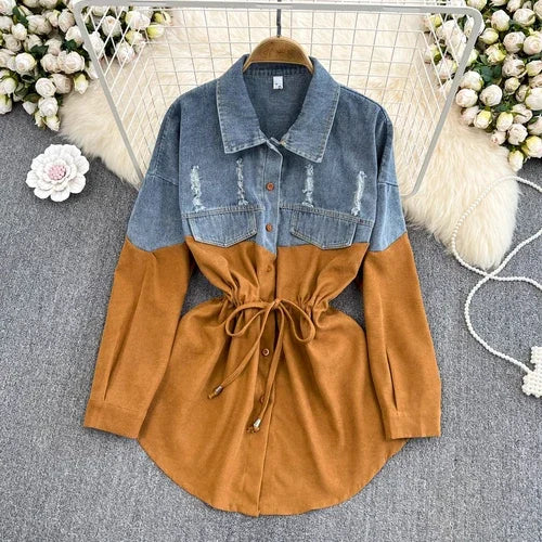 Turn Down Collar Contrast Color Denim Style Patchwork Drawstring Blouse