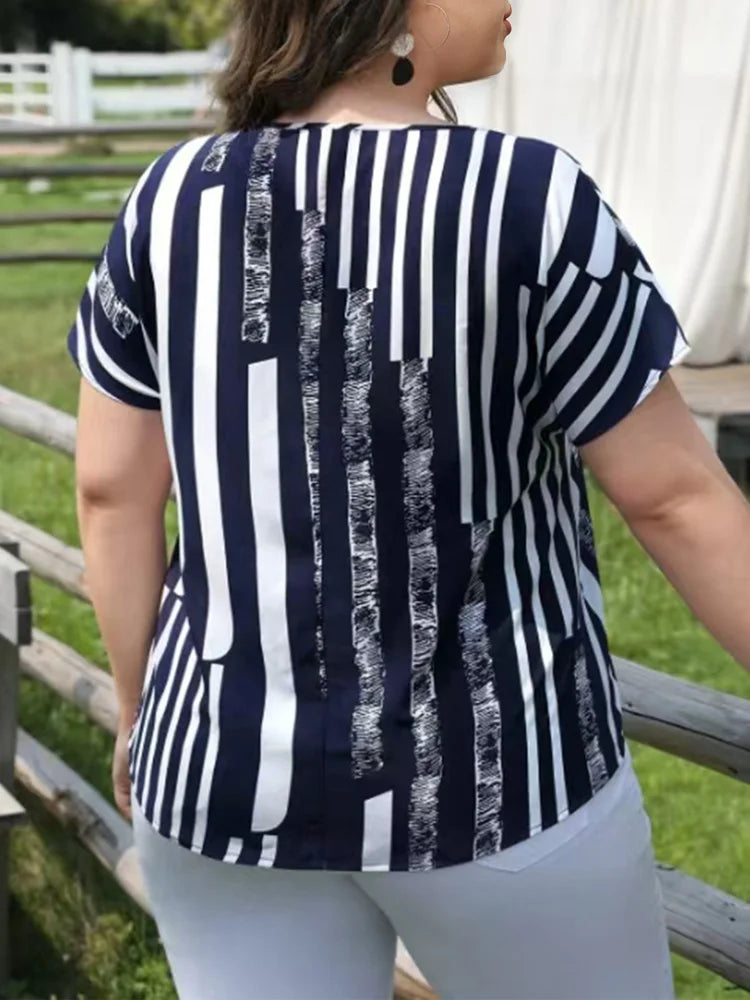 Plus Size Striped Notch Neck Raglan Sleeve Casual Blouse