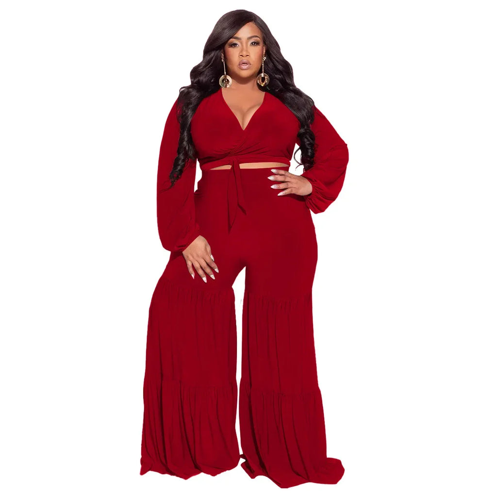 Plus Size Women’s Print Blouse and Wide Leg Pants Set