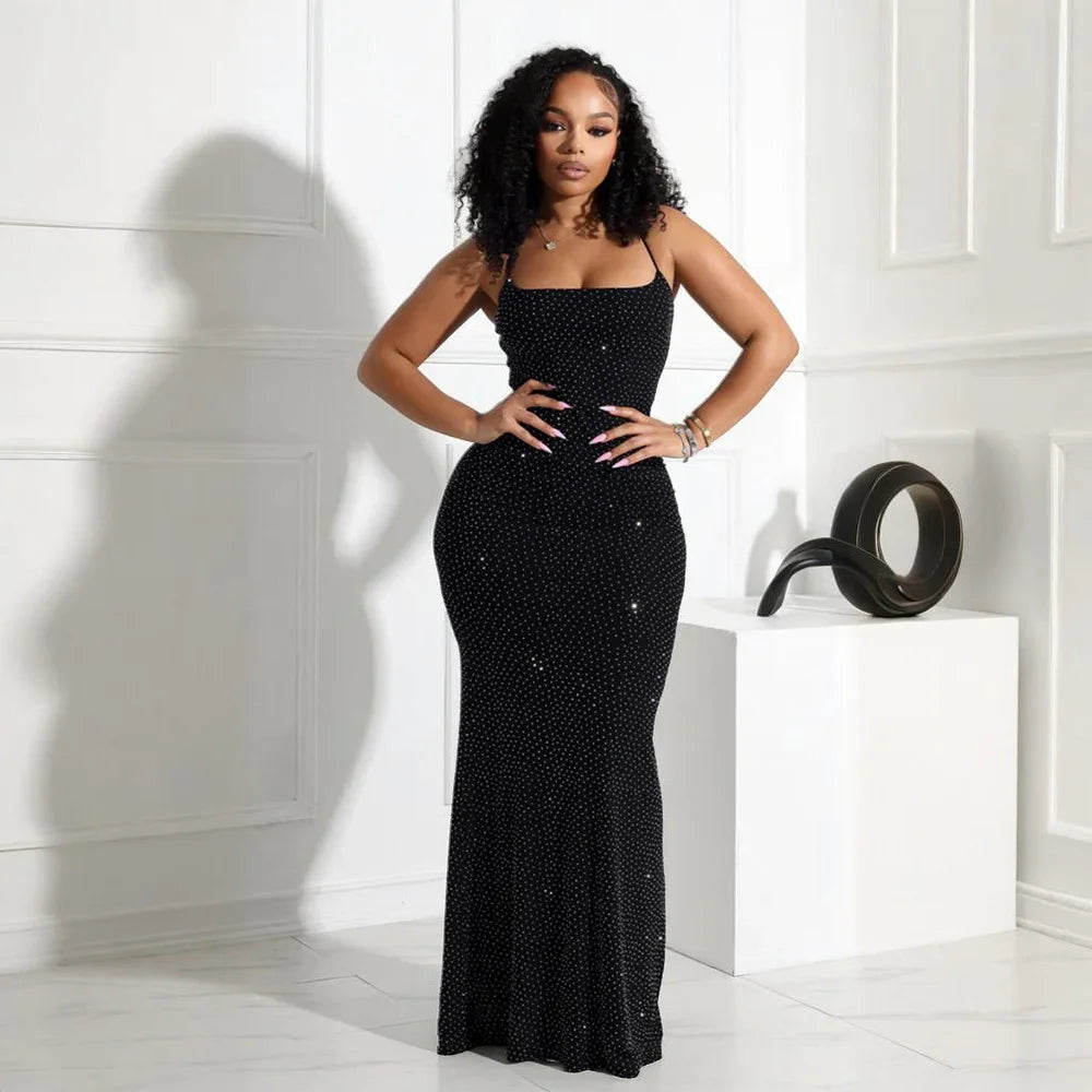 Women’s Rhinestones Strap Bodycon Maxi Dress