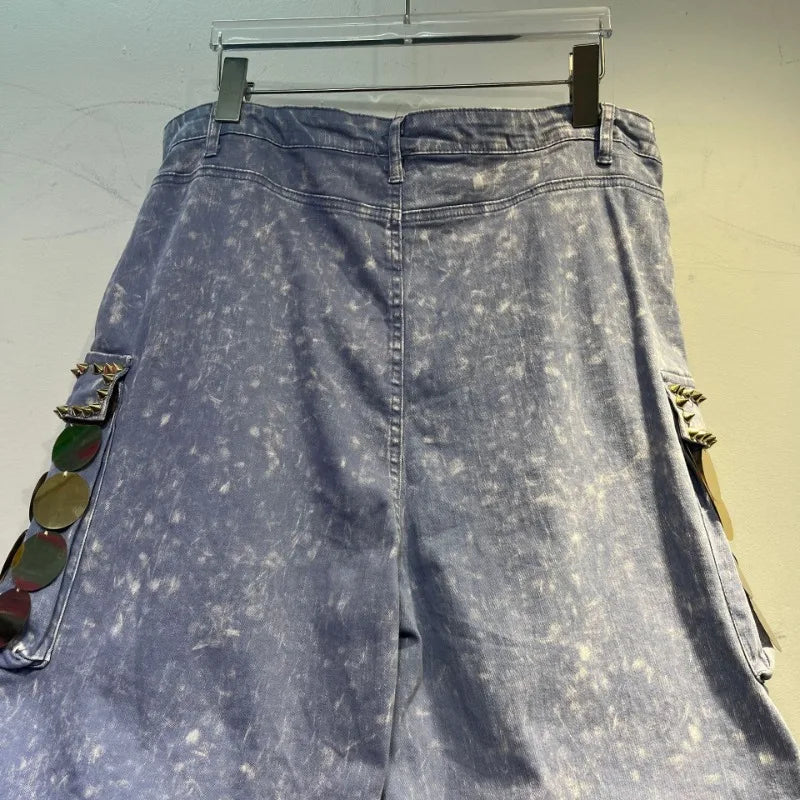 Denim Shorts Riveted Skinny Straight Rough Five-Point Denim Shorts