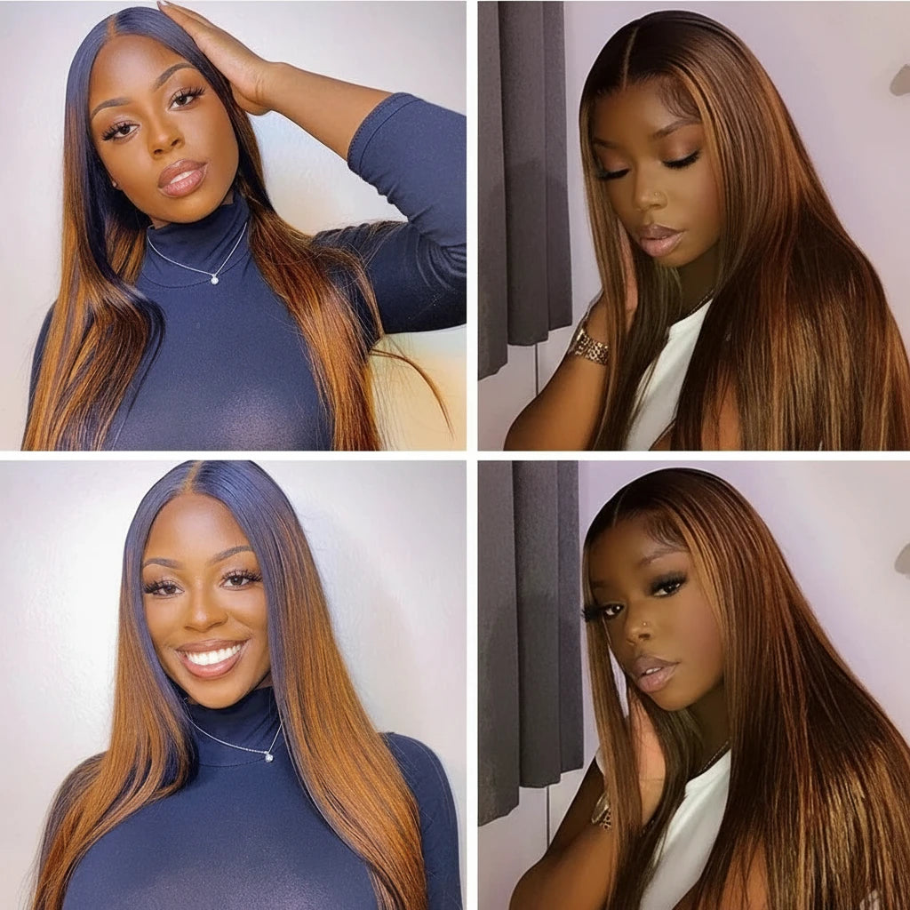 Brown Balayage Straight Hair with Closure 2/3/4 PCS Bundles