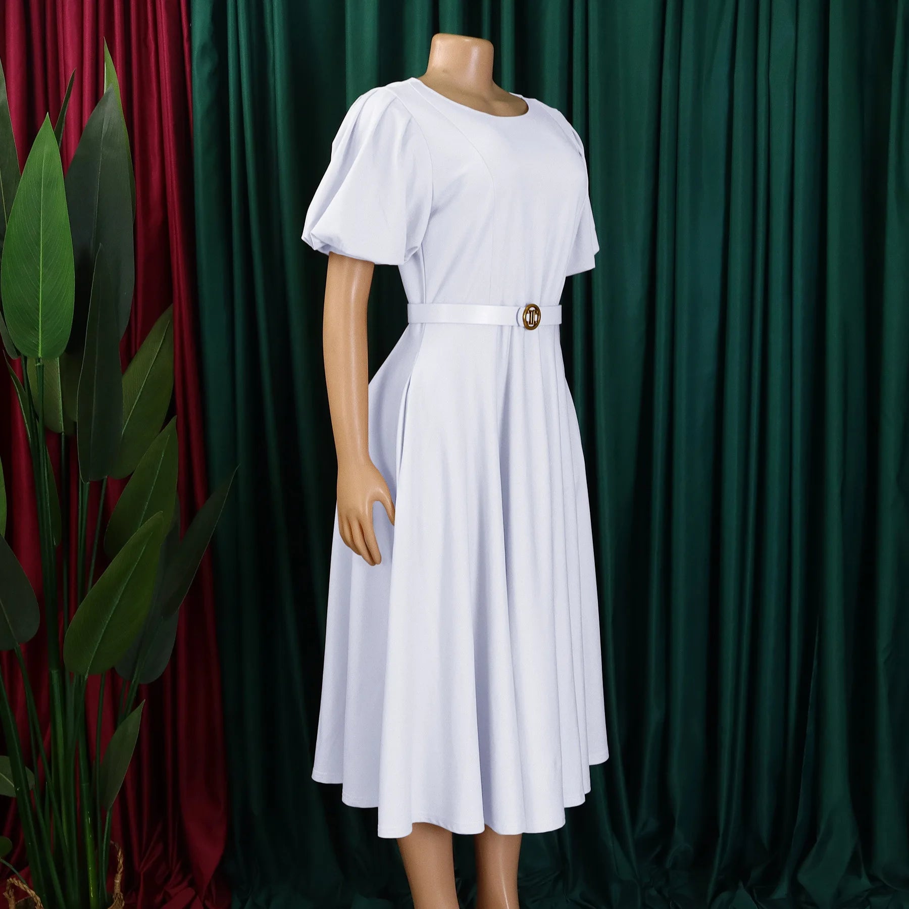 Women’s Long A Line Belted High Waist Puff Sleeve Dress