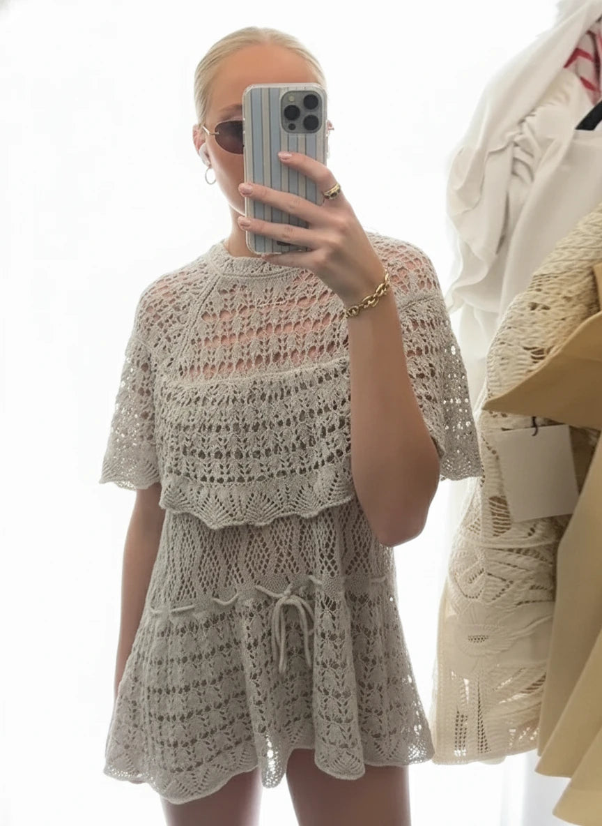 Hollow Out Loose Lace Up Pleated O-Neck Short Sleeve Blouse
