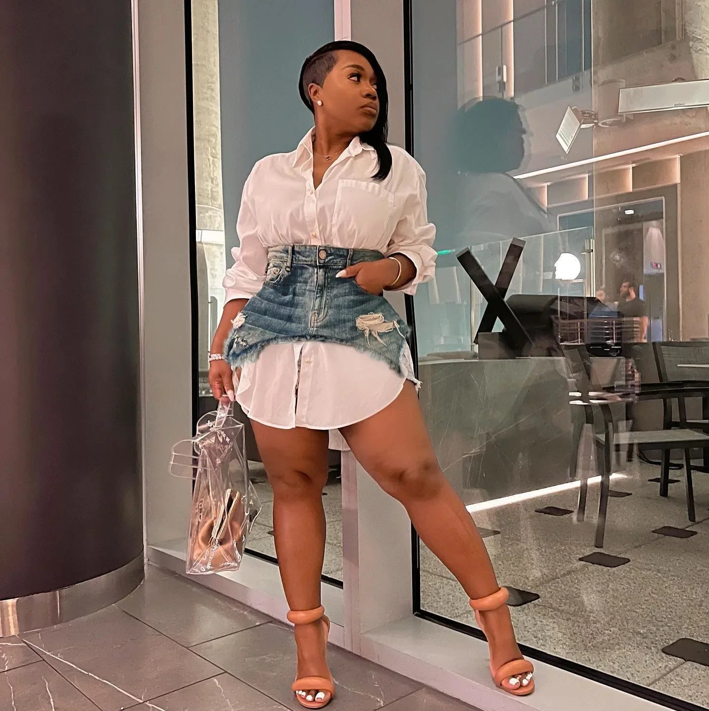 Vintage Women’s Long Sleeve Turn-down Collar Shirt Style Dress with Tiny Denim Irregular Skirt