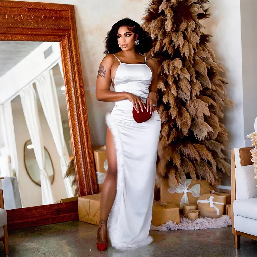 Women Spaghetti Strap High Side Split Bodycon Maxi Dress