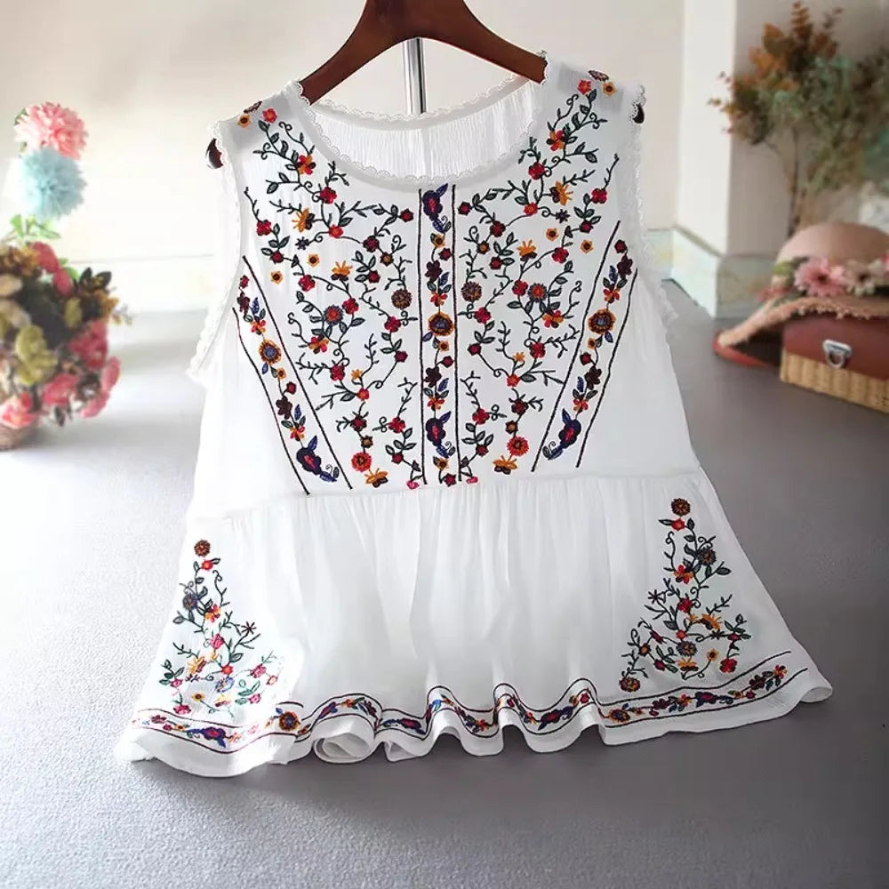 Loose Casual Ruffles Vintage Embroidery Blouse