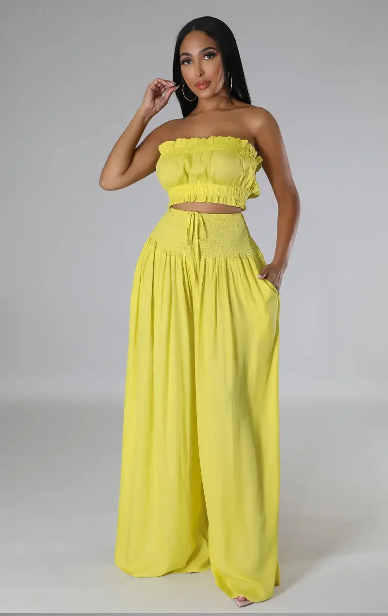 Women's Strapless Crop Top and High Waist Wide Leg Pants