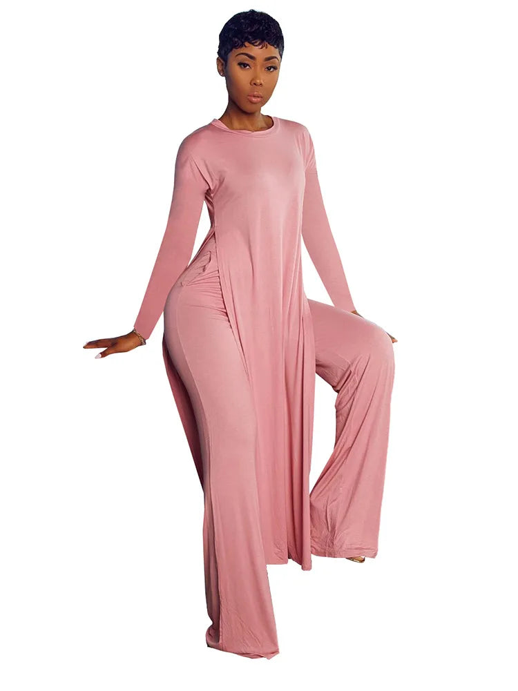 Women's Long Sleeve High Slit X-long Tee Top & Straight Pant Suit