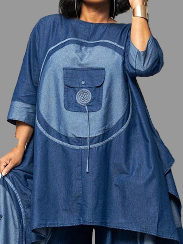 Denim-Style Women's Three-Quarter Sleeve Blouse and Wide Leg Pants Set