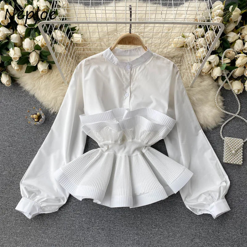 O Neck Puff Long Sleeve Ruffles Patchwork Slim Blouse