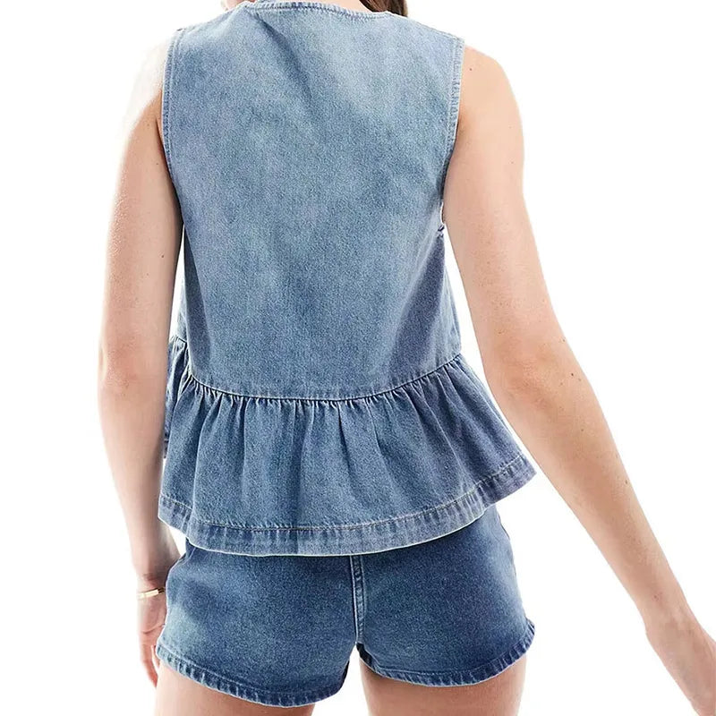 Women’s Lace Up Sleeveless Round Neck Denim Ruffles Hem Solid Vest