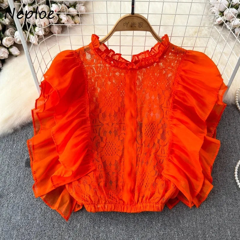 Women’s Stand Collar Lace Hollow Out Ruffles Blouse