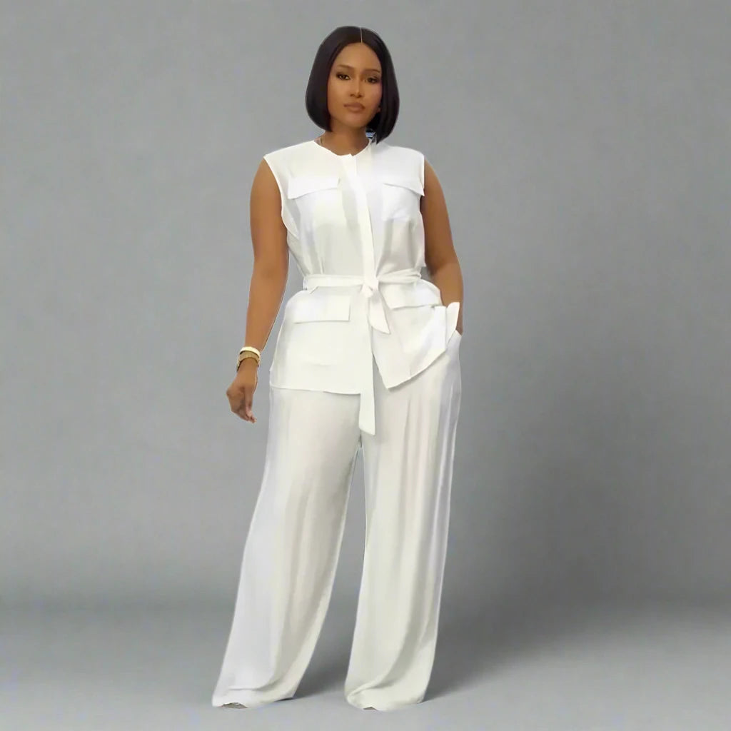 Women's Sleeveless Shirt Top + Wide Leg Pants Set with Belt