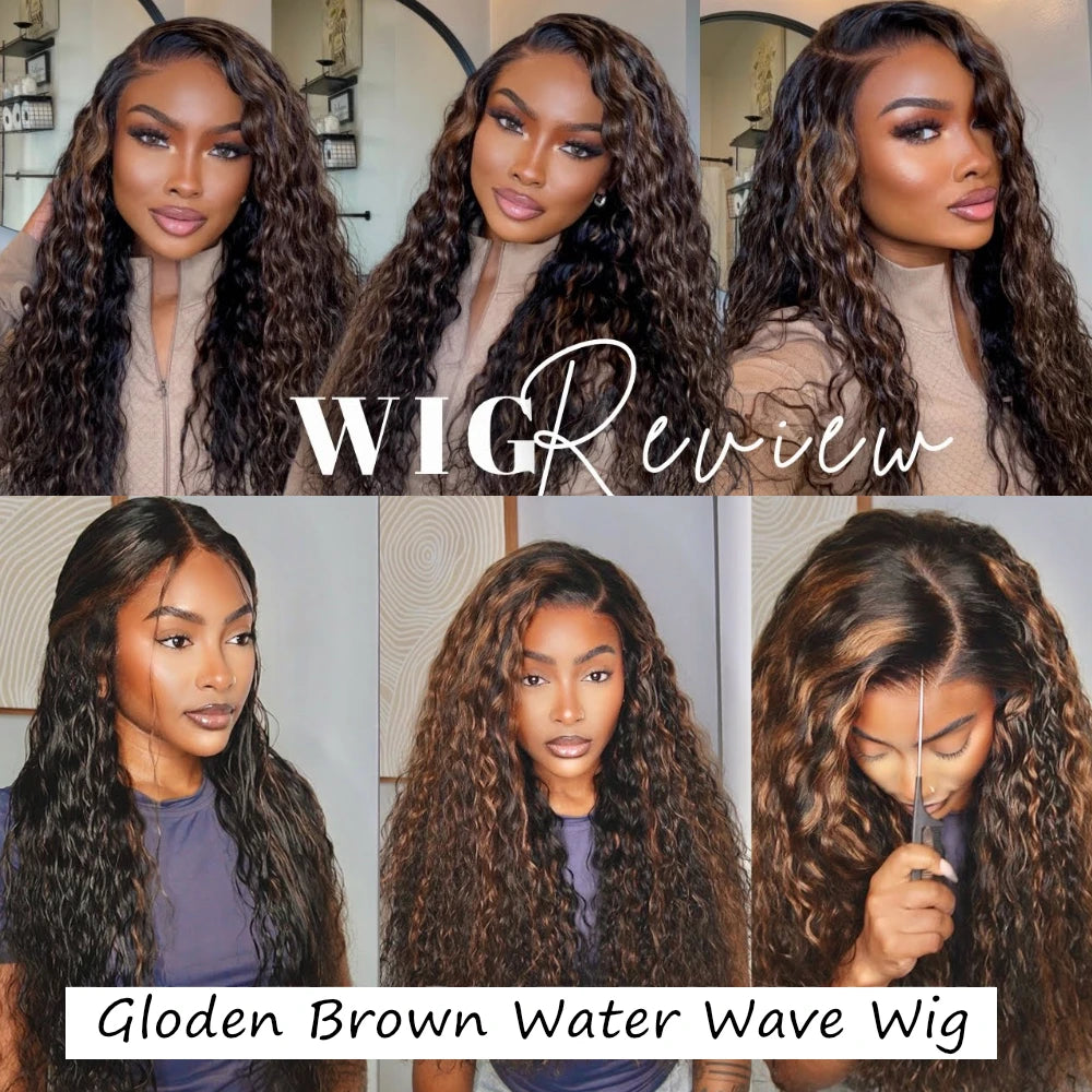 Lace 7x5 Bye-Bye Knots Brown Highlights Water Wave Human Hair Ready To Wear Wig